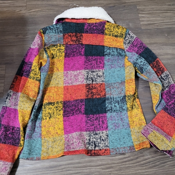 Bibi Womens Colorful Plaid Shacket Jacket S Faux Fur Collar Patchwork Boho New - Picture 2 of 7